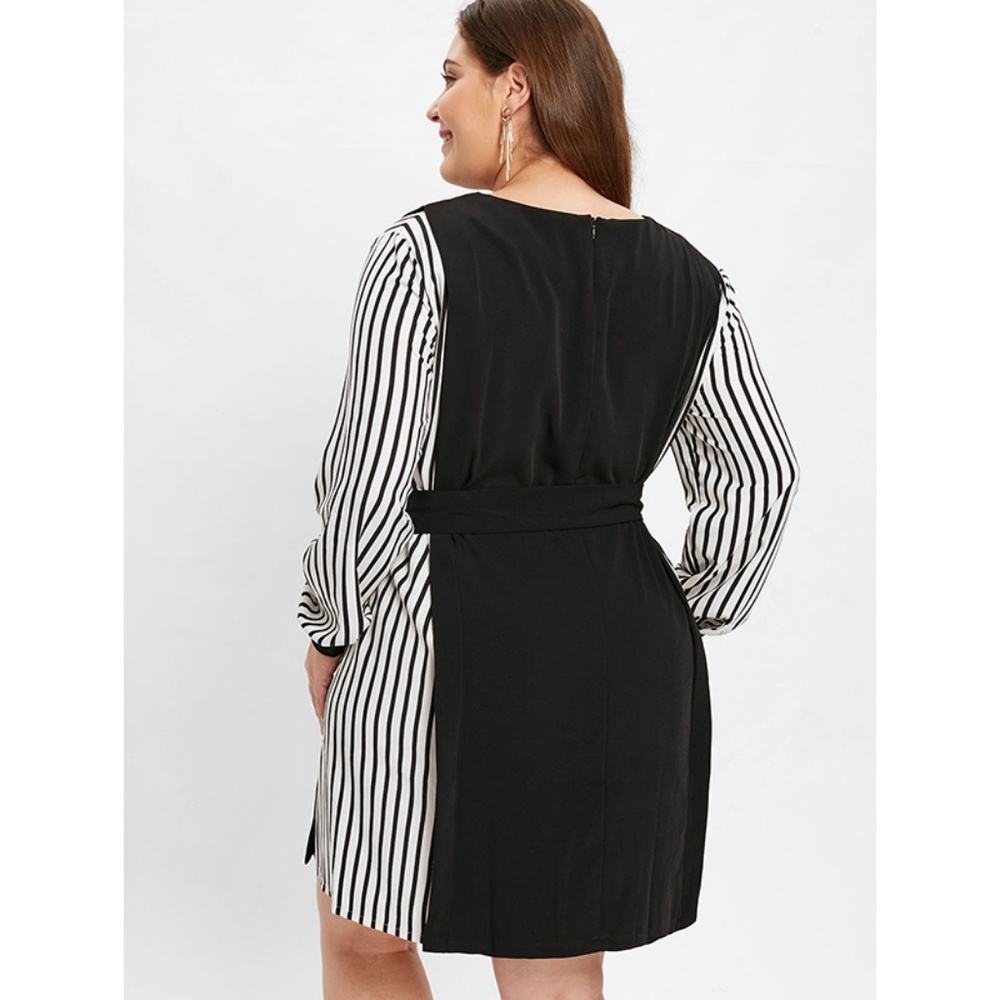 ♠ Chic Plus Size Stripe Panel Mini Dress w/ Belt ♠ - Picture 4 of 8